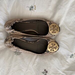 Tory Burch Snake-Print Leather Ballet Flats with Gold Logo